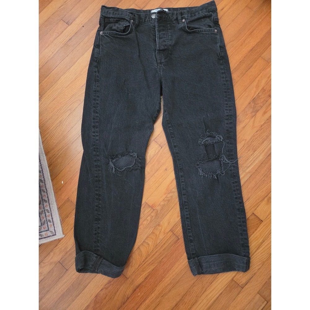 Free People We The Free Black Distressed High Rise Straight Leg Jeans Size 28